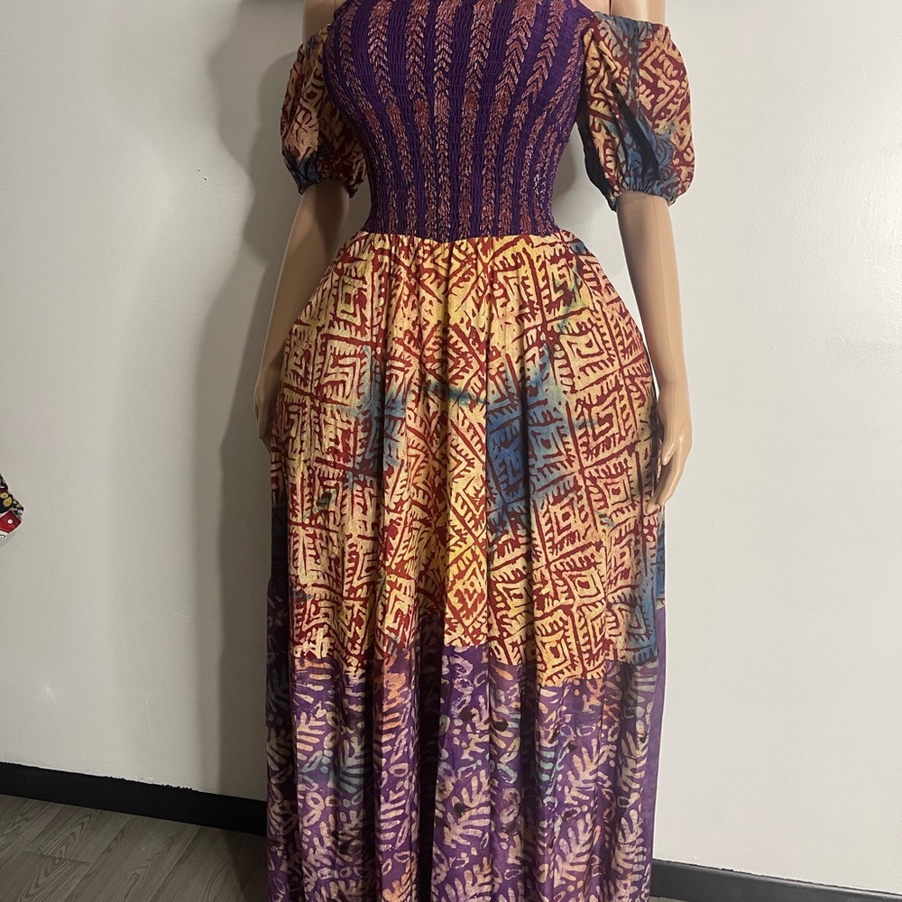 Elegant Purple and Multicolor Off-Shoulder Dress